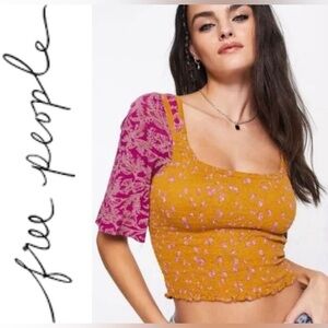 NWT FREE PEOPLE Marigold Smocked Top Gold Combo - Size: S